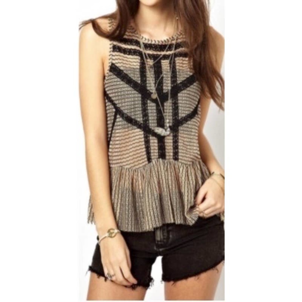 Free People Striped Sleeveless Open Back Lace Trim Peplum Top ~ XS / Extra Small